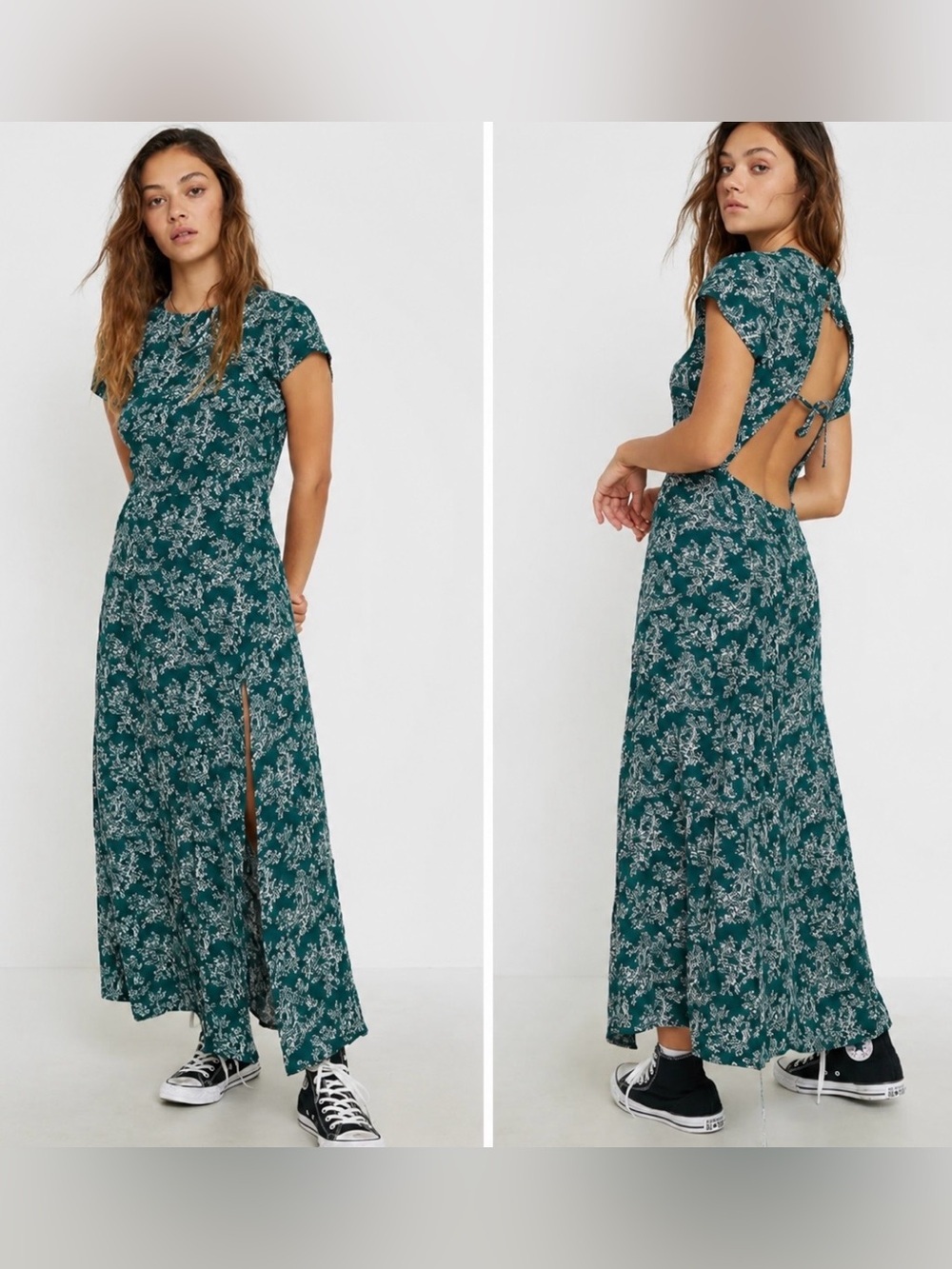 Urban Outfitters Green Floral Maxi Dress Side Slit Open Back Y2K Boho Large